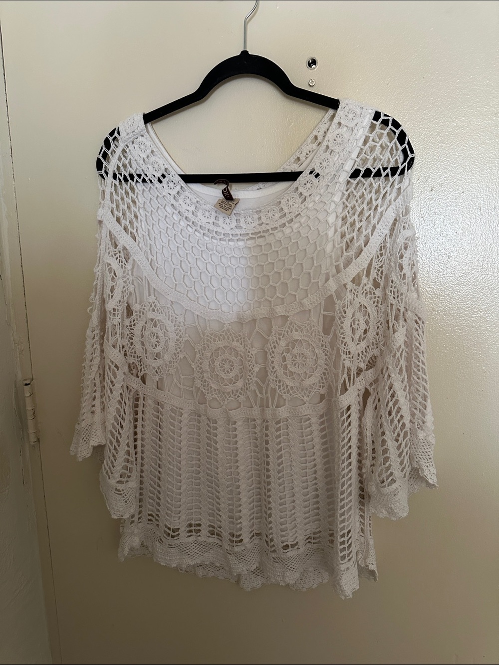 XCVI White Cotton Lace Crochet Sheer Scoop Neck 3/4 Bell Sleeve Top Women's S